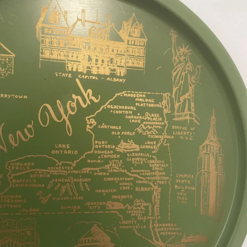 Vintage New York Metal Serving Tray Avocado Green & Gold Mid Century Modern 11